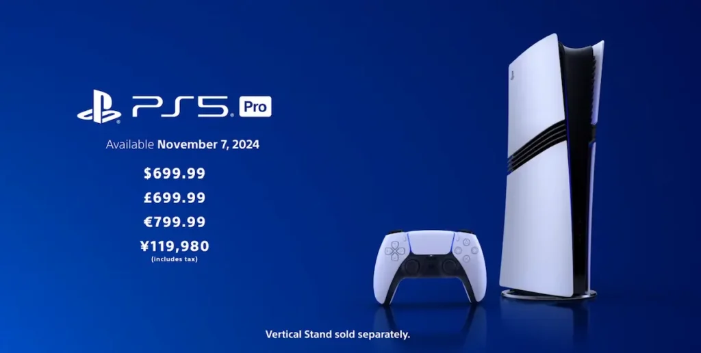 Pantalla final de la presentación de PS5 Pro con el precio de 799,99 euros y la indicación de que el lector de discos y la peana vertical se vendían por separado.