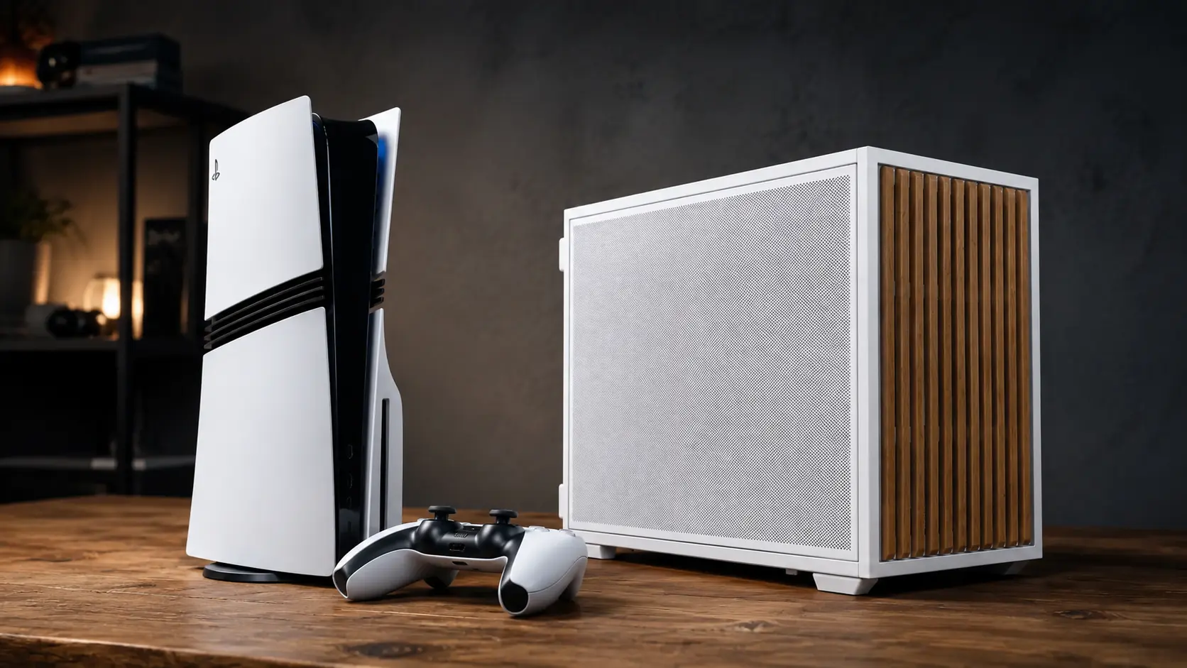 PS5 Pro junto a un PC de sobremesa, representando la decisión de comprar un ordenador en lugar de la consola de Sony.