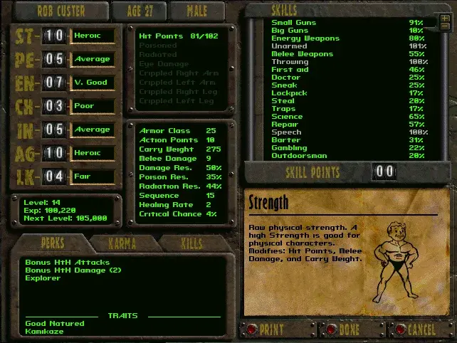 Pantalla de creación de personaje de Fallout con el sistema de atributos SPECIAL